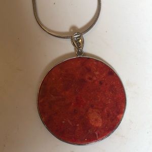 Red circle stone necklace pendant sterling silver  Coral